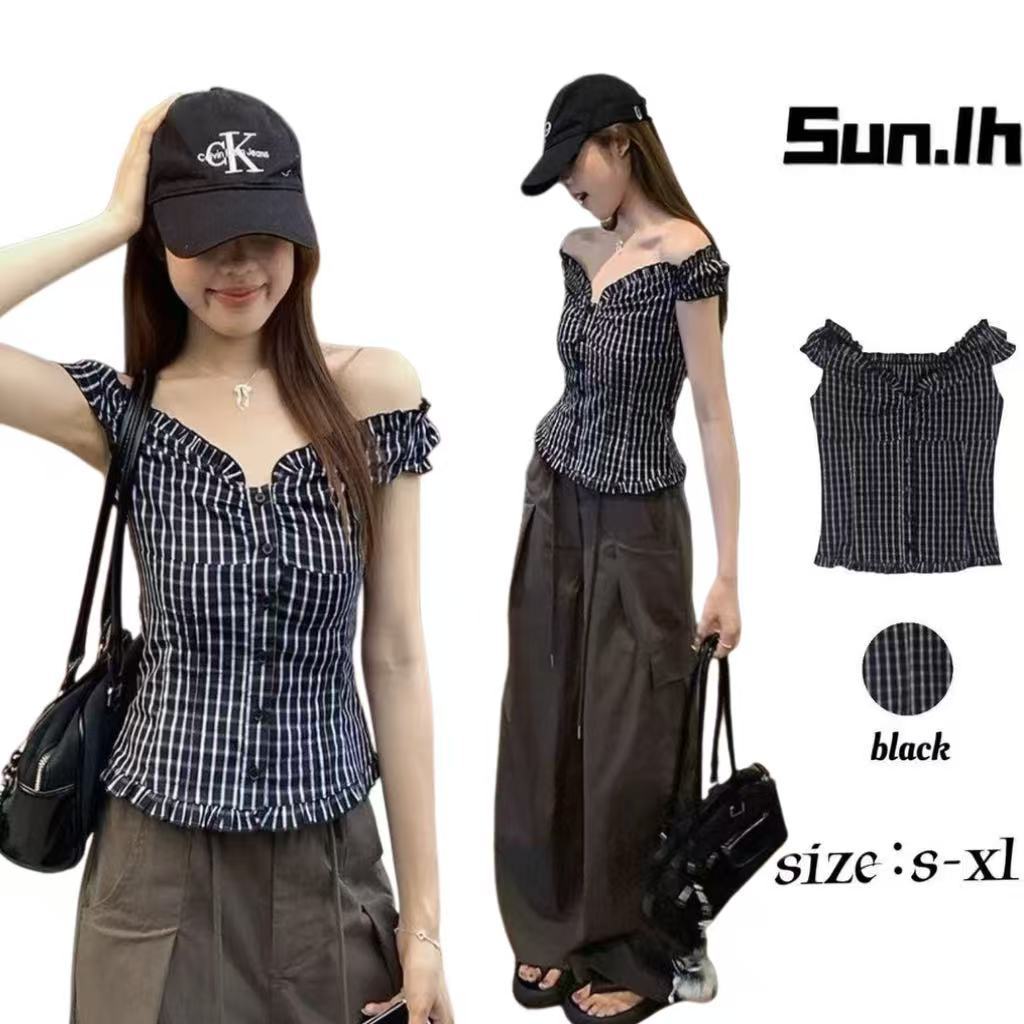 SUN🛍️พร้อมส่ง🛍️เสื้อเชิ้ตลายสก็อตสีดำสไตล์เรโทรสุดฮิตสำหรับผู้หญิง ดีไซน์