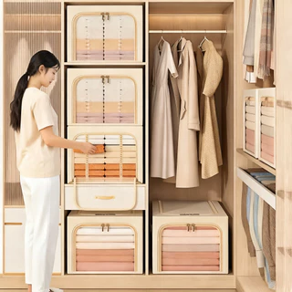 [150L กล่องเก็บเสื้อผ้า] กล่องใส่ผ้า กล่องเก็บของ แบบมีโครงเหล็ก ดีไซน์มัลติฟังก์ชัน ความจุสูง ป้องกันความชื้นและน้ำ