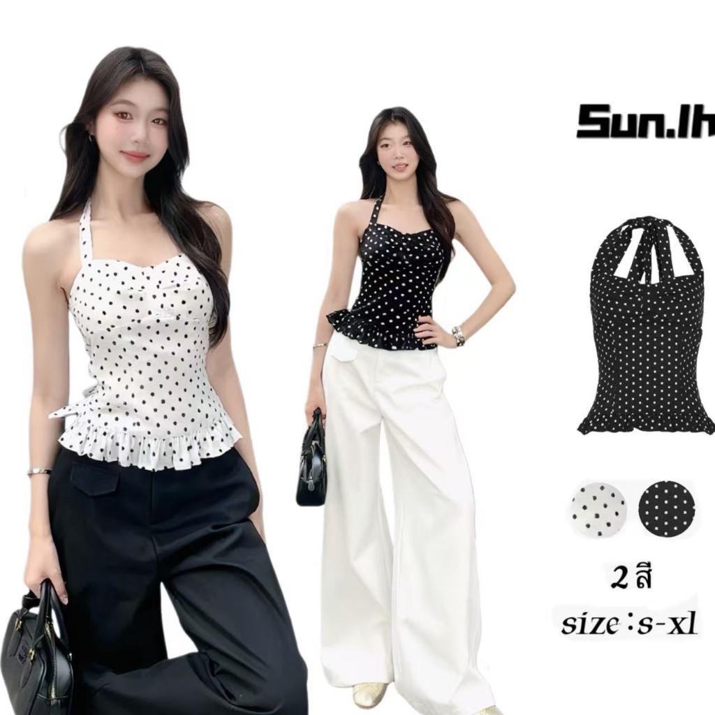 SUN🛍️พร้อมส่ง🛍️ผู้หญิงแขนกุด คอวี เอวระบาย ลายจุด เสื้อกล้ามสำหรับเทศกาลดนตรีฤดูร้อน