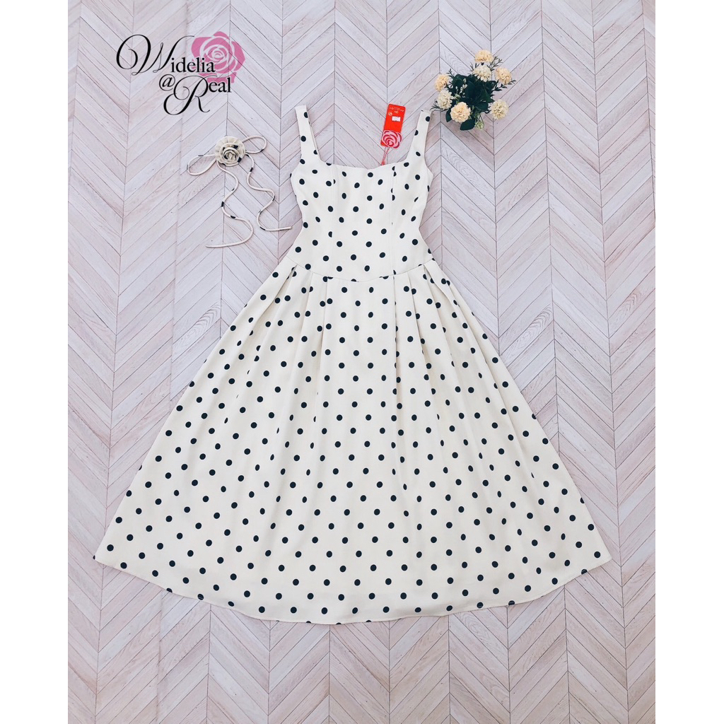 เดรสตัวยาวสายเดี่ยวคอเหลี่ยมผ้าดีมากมีโชคเกอร์ดอกไม้อกมีฟองน้ำซิปหลังกระโปรงทรงบานเย็บจีบหน้าและหลังลายจุด - รูปที่ 7