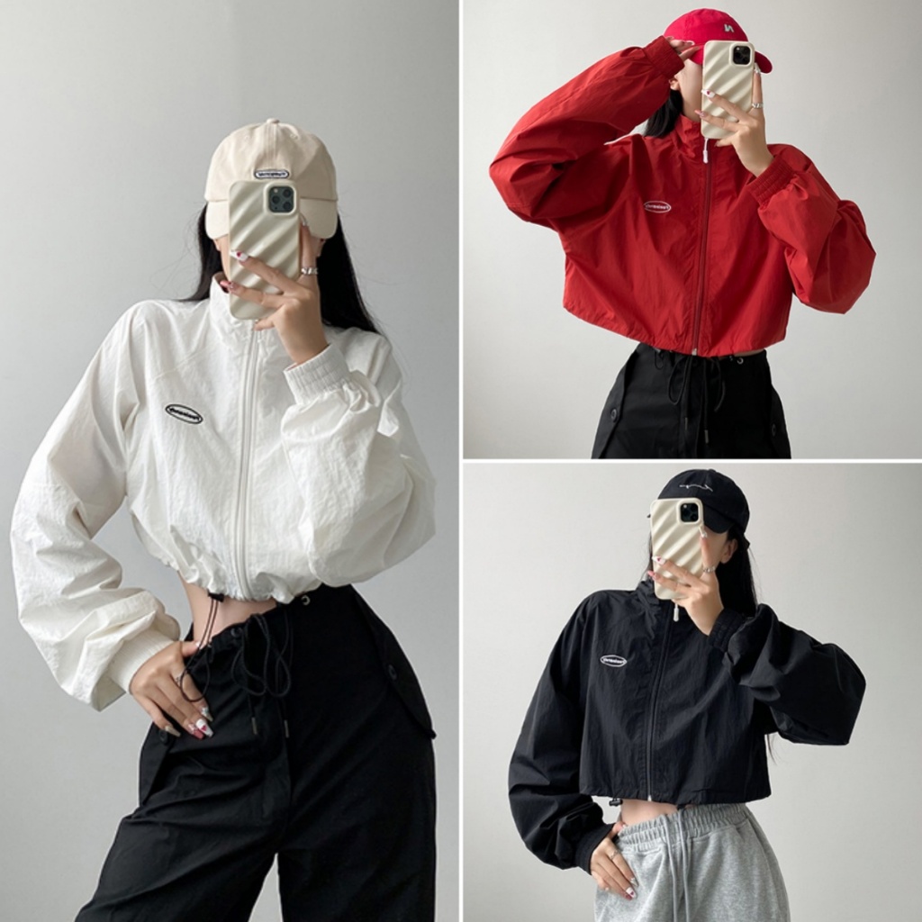 Beryl shop เสื้อคลุมสั้นผู้หญิง เสื้อคลุมแขนยาวผู้หญิง ซิป ดีไซน์เชือกผูก สไตล์เกาหลีเรียบง่าย หลวมและสบาย BF
