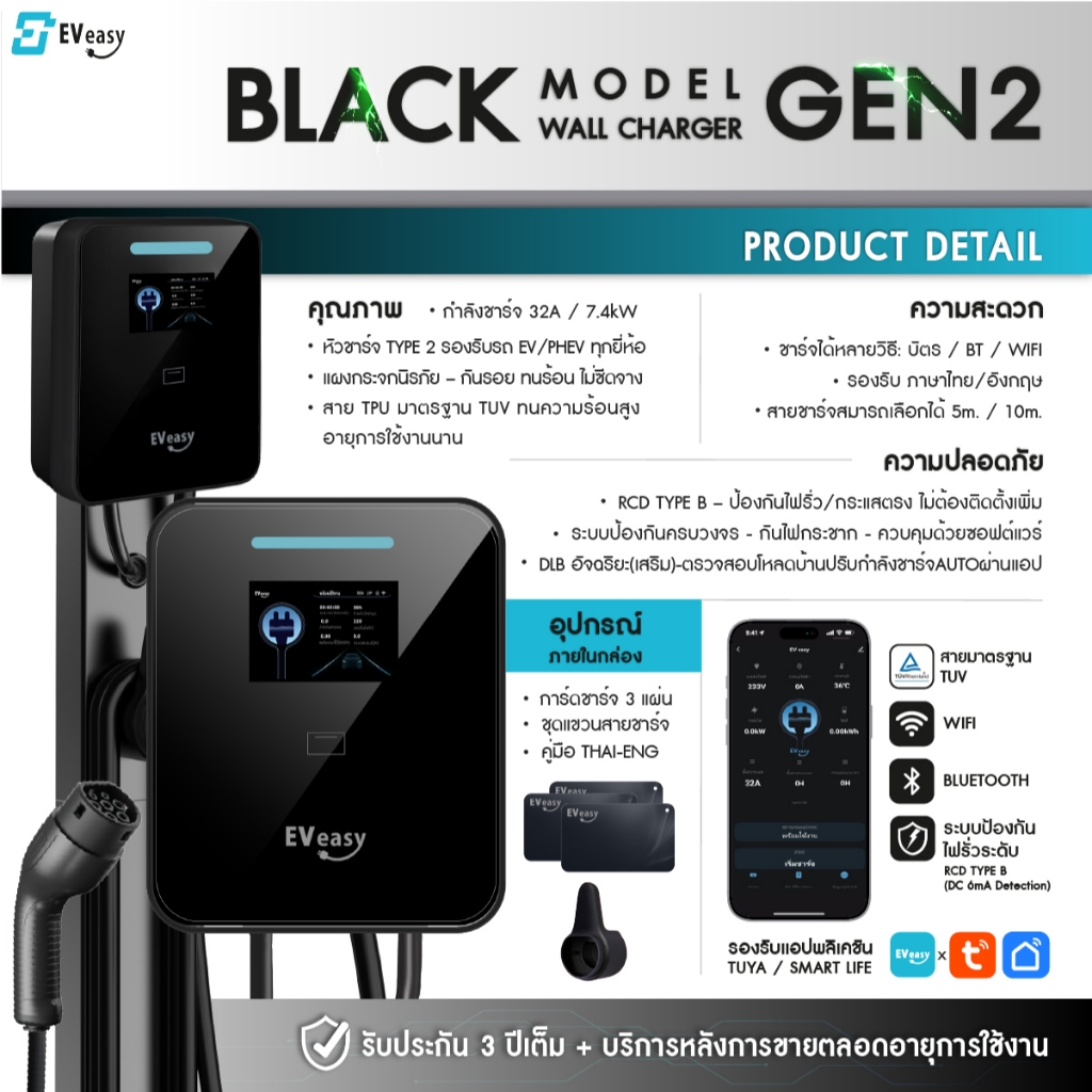 ส่งฟรี!!! New!!!! 7.4kw 32A EV easy Black Model Gen2!!!! รุ่นใหม่ App TUYA วงจร Type B ในตัว รับประกันสินค้า 3ปี!