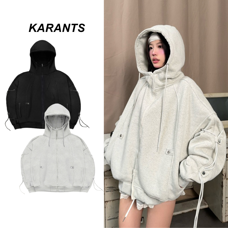 Karants เสื้อฮู้ดดี้คอสูง แต่งเชือก ผ้าฝ้ายพรีเมียมนุ่มลื่น Cropped Boxy มาพร้อมซิป - AK27
