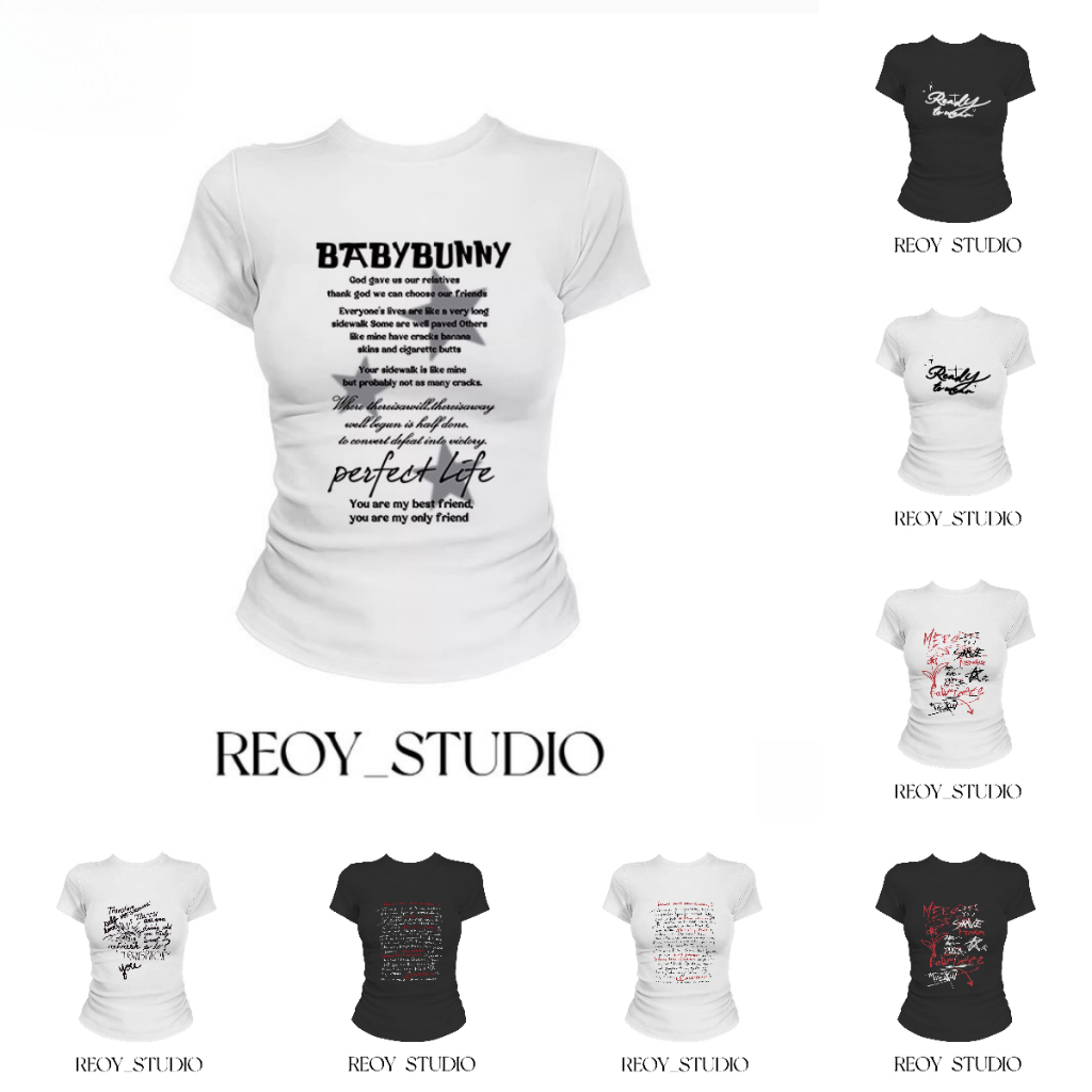 เสื้อยืดเซ็กซี่ เสื้อพิมพ์ลาย 💋  เสื้อยืดสวยๆผู้หญิง แขนสั้น ทรงเข้ารูป เซ็กซี่ สไตล์อเมริกันย้อนยุคเรียบง่าย