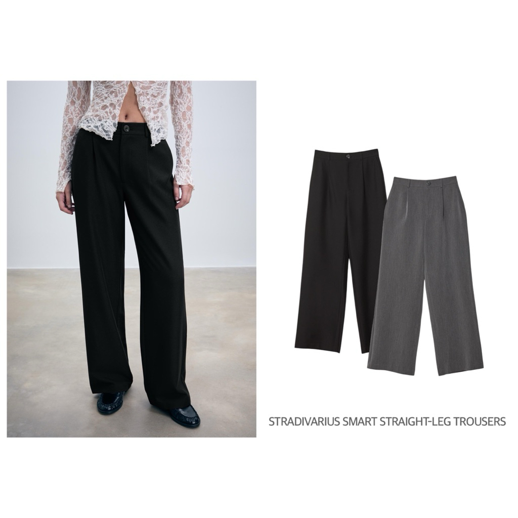 STRADIVARIUS กางเกงขายาว สีดำ กางเกงทำงาน ทรงกระบอกตรง SMART STRAIGHT-LEG TROUSERS (C1105)