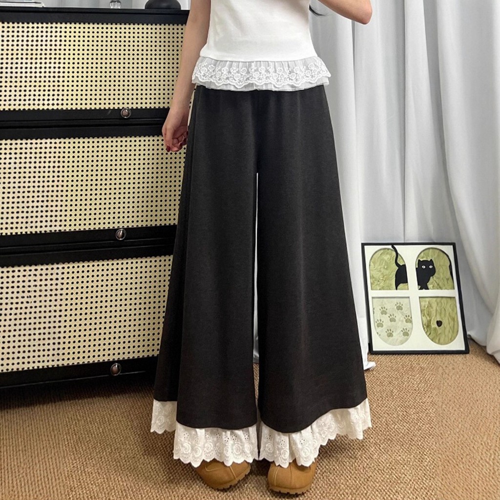 กางเกงลูกไม้สีดำไซส์ใหญ่สำหรับผู้หญิง เอวยางยืด ทรงหลวม ปรับเข้ารูปและใช้งานได้หลากหลาย