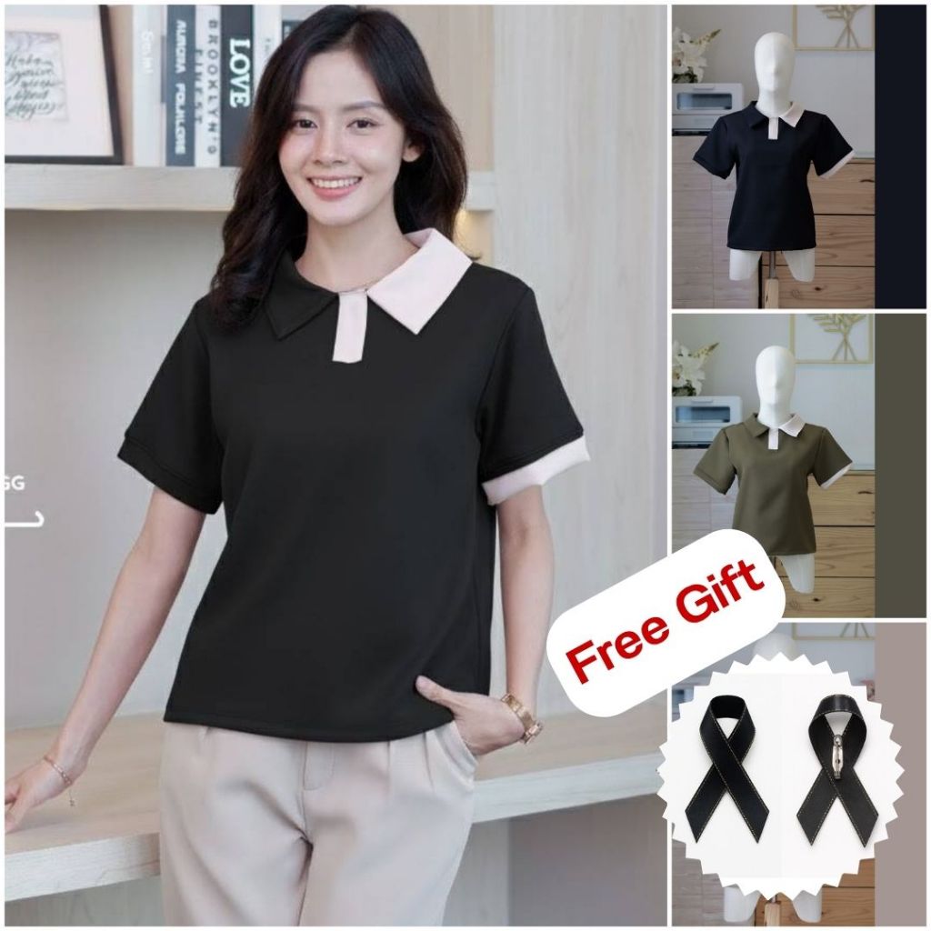 D11 เสื้อทํางานผู้หญิง คอปก เสื้อยืด แฟชั่น แต่งทูโทนที่ปกและปลายแขนเสื้อ Easter Egg