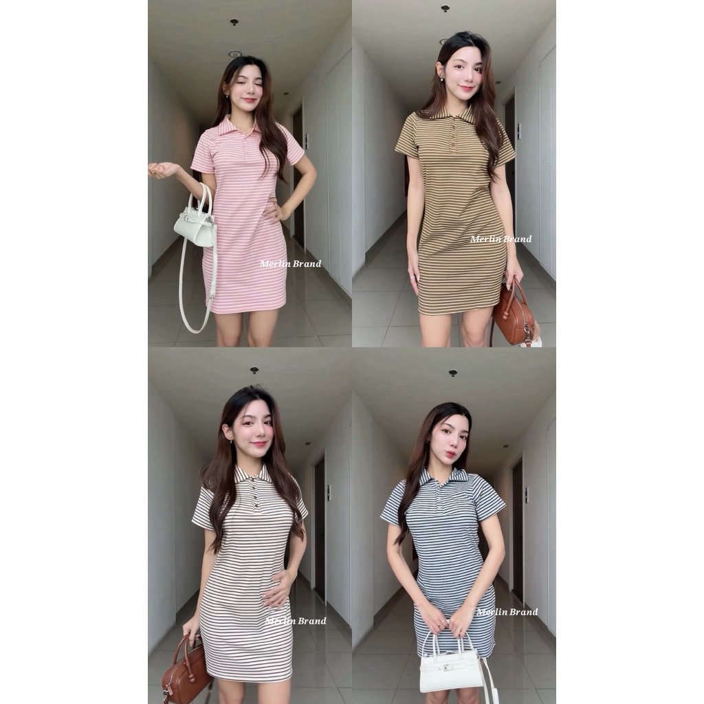 M15 - เดรสโปโล็ายืดริ้วเดรสผ้ายืดใส่สบาย