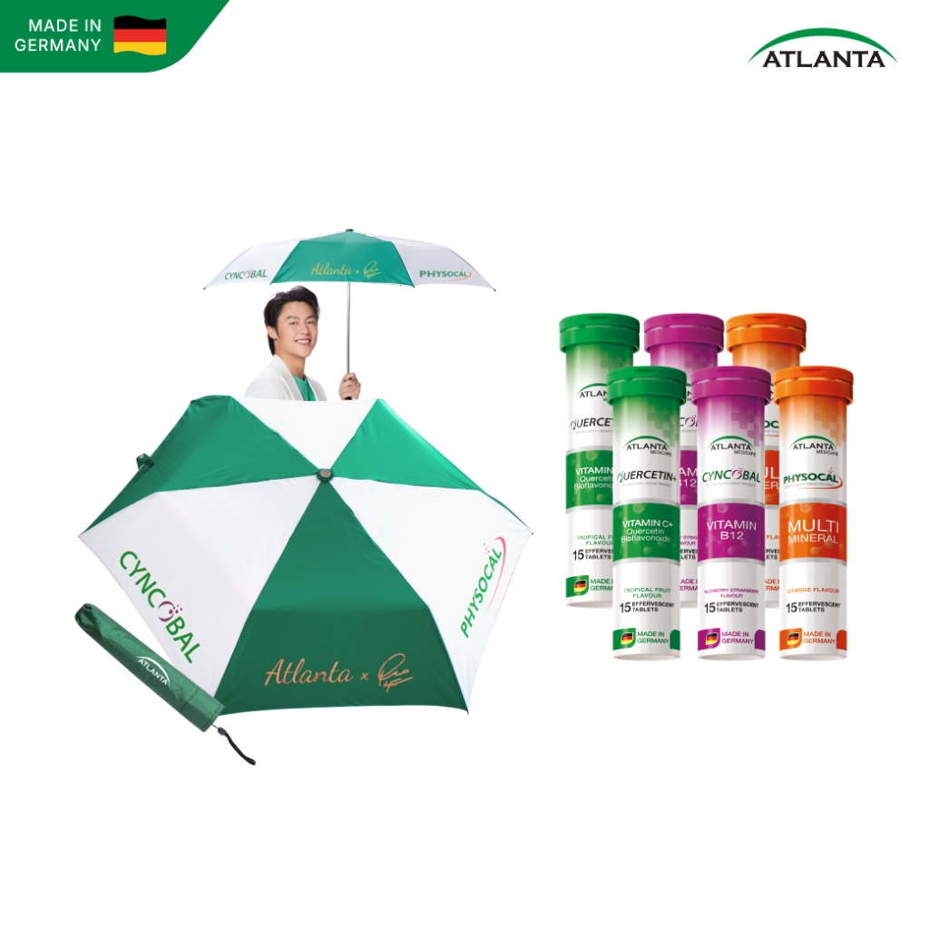 [6 หลอด+ร่ม] วิตามินเม็ดฟู่ Atlanta Cyncobal Vitamin B12 + Quercetin Vitamin C + Physocal Multi Mine