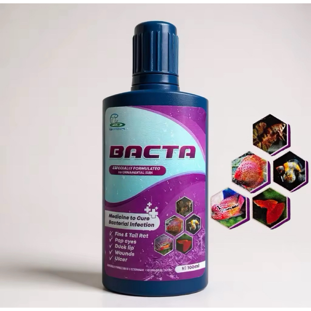 BACTA 100 ml. แก้ติดเชื้อแบคทีเรีย ปากบวม ตาโปน ครีบกร่อน ป้องกันโรค กักโรคปลา