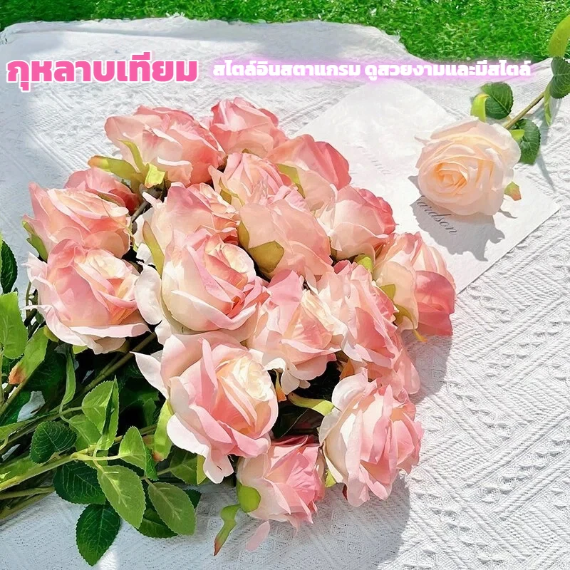 Flower ช่อดอกไม้กุหลาบปลอม ของขวัญวันเกิดหรูหรา ของตกแต่งโต๊ะทำงาน ตกแต่งบ้านสไตล์มินิมอล