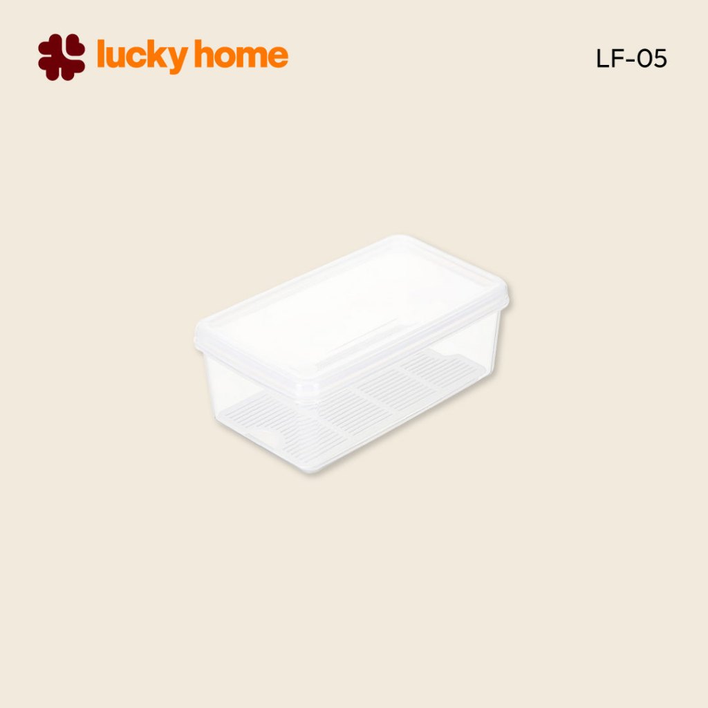 LUCKY HOME กล่องถนอมอาหารพลาสติกมีตะแกรงรอง (กล่องแช่) LF-05 ขนาด (กว้างxยาวxสูง)(รวมฝา) : 14.5 x 24.5 x 9.8 cm (2.6 L)