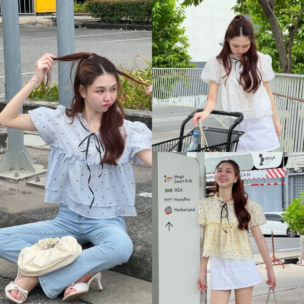 Sister Top (ซิสเต้อท็อป)  เสื้อลายจุด แขนพองๆ ดีเทลแต่งระบาย โบว์หน้า น่ารักมาก กระดุมใช้งานได้จริง มีซับใน แมทช์กับลุคไ