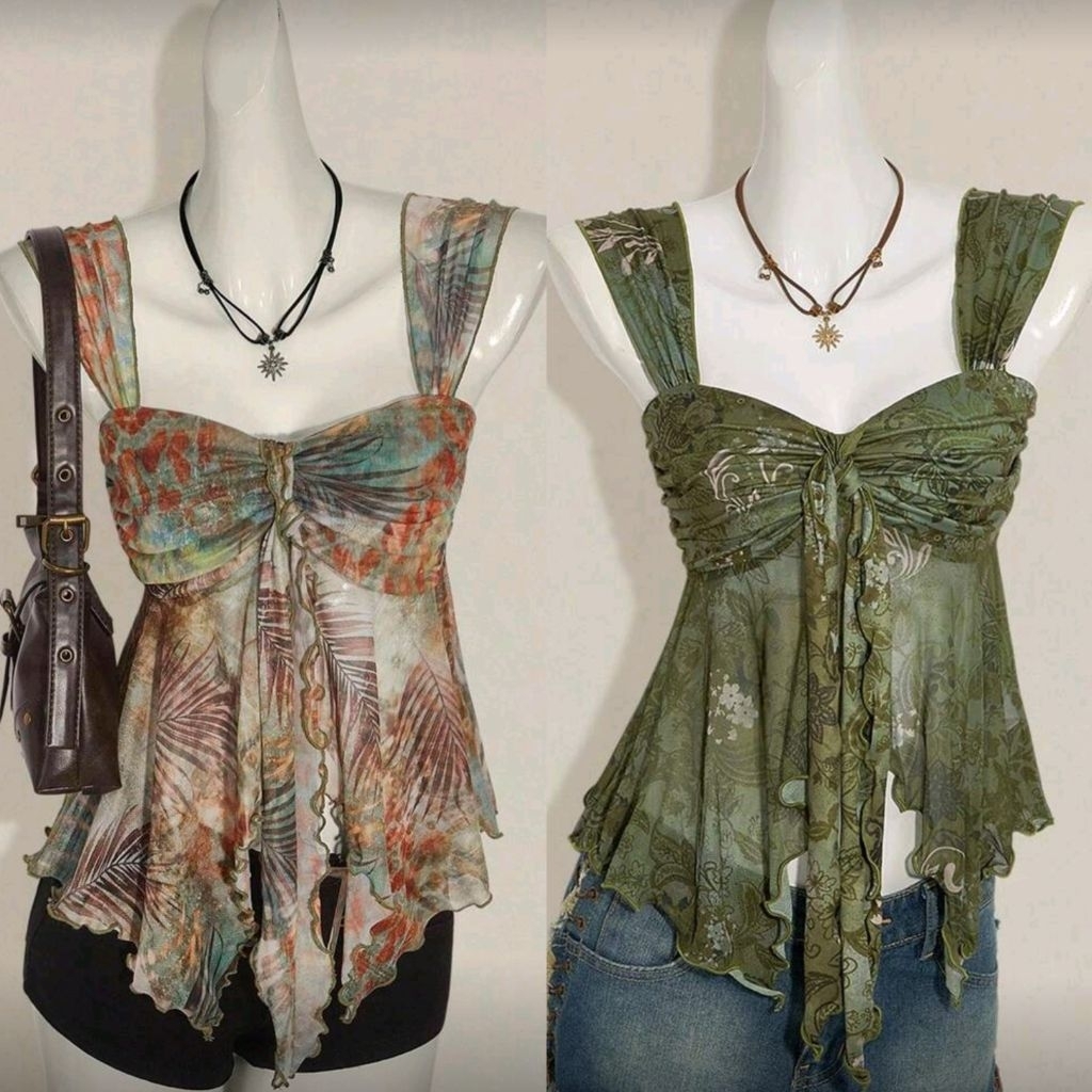 พร้อม​ส่ง​ 🍒🌈​ เสื้อกล้าม​ ลาย​ดอกไม้​ ผูกป​มด้าน​หน้า​ ระบาย​ แต่งผ้า​ตาข่าย​ สไตล์​โบ​ฮี​เมียน​ เสื้อ​ใส่​ไป​ทะเล​