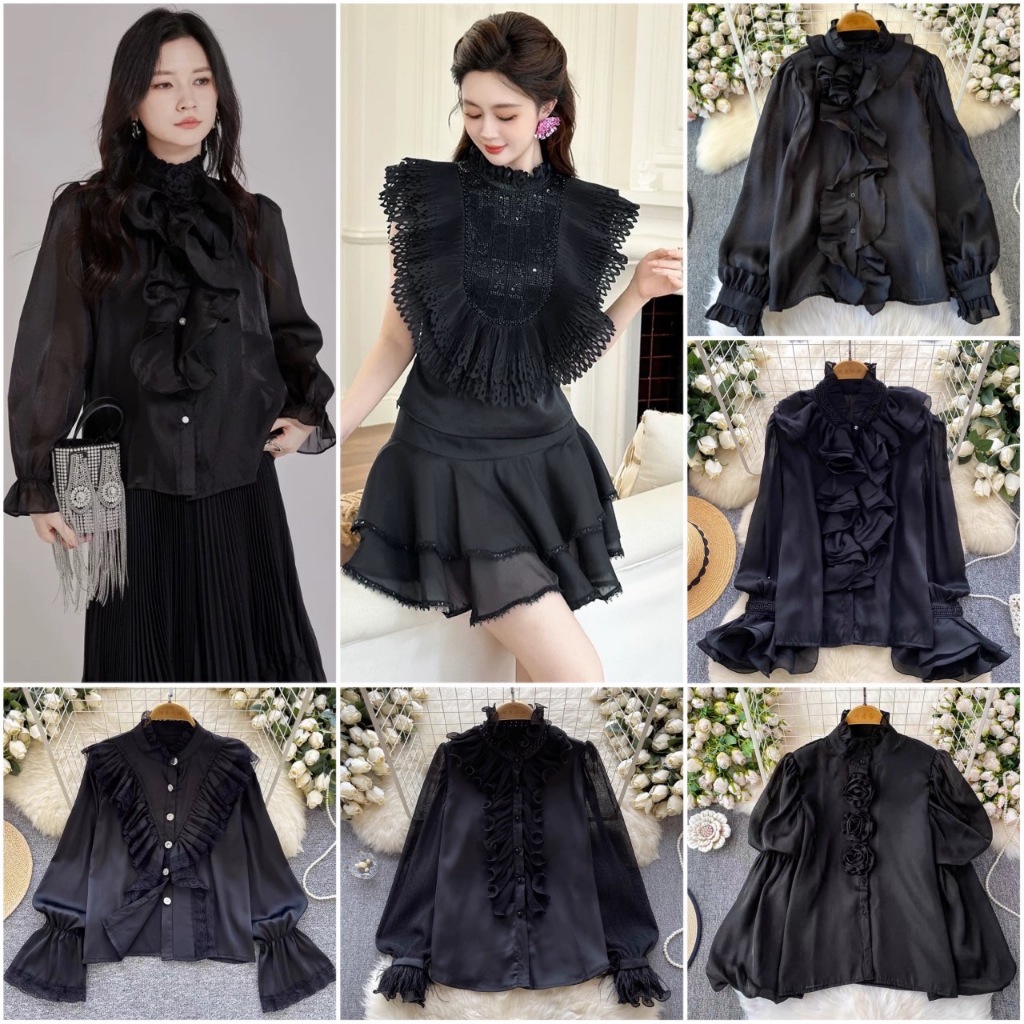 พร้อมส่ง เสื้อออกงานสีดำล้วน รวมแบบเสื้อเชิ้ตคอสูงคอปกใส่ออกงานเรียบหรูสามารถเลือกแบบได้เลย