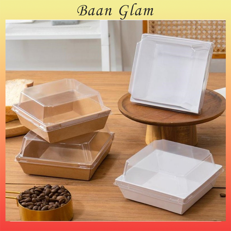 50PCS Square Cake Sandwich Box Square Kraft Box Transparent Pastry Box Packaging Baking Gift Box