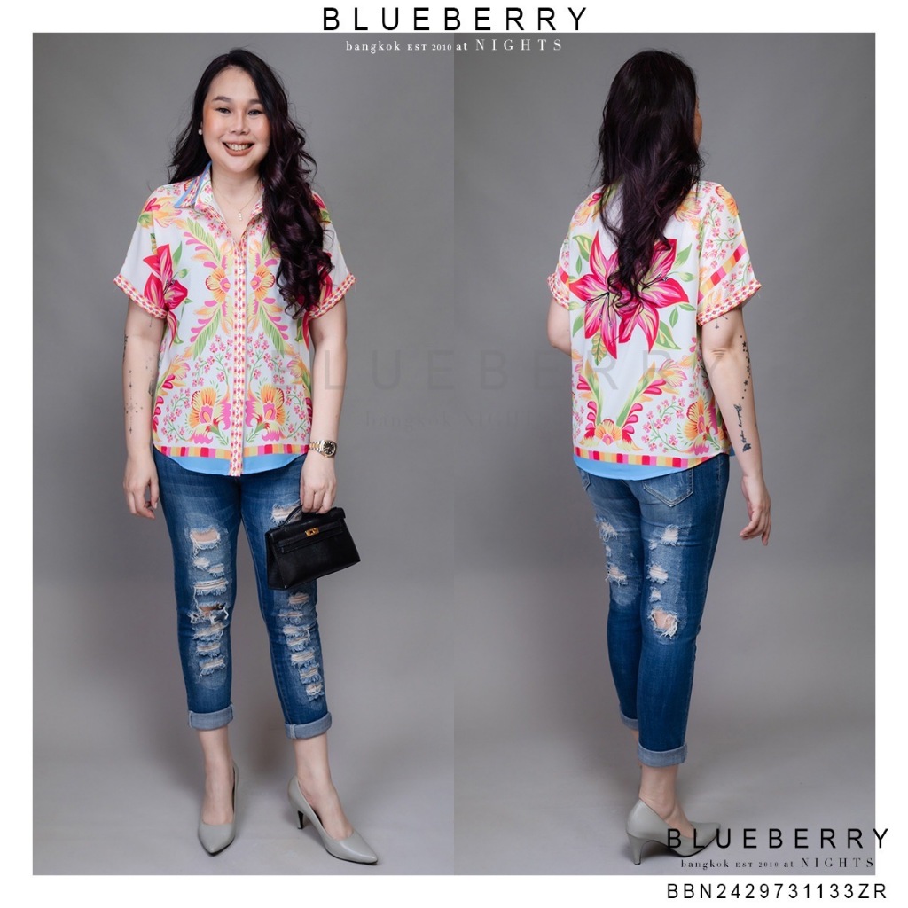 BLUEBERRY NIGHTS  L4185  เสื้อเชิ้ต แขนสั้น ผ้าโพลิเอสเตอร์เบลนด์ พิมพ์ลายทั้งตัวสีสันสดใส