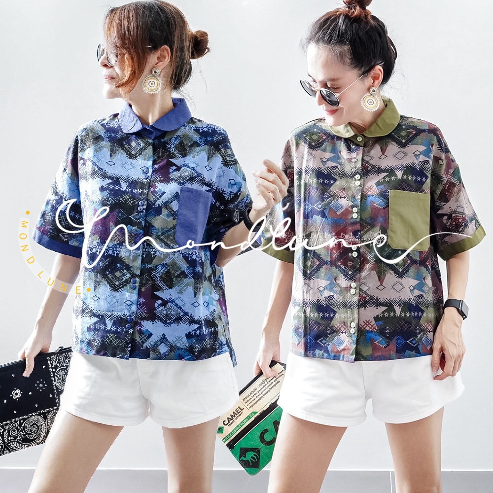 #4065 MondLune เสื้อเชิ้ตคอบัว แขนสั้น กระดุมผ่าหน้า หนัาสั้น-หลังยาว ผ้าฝ้ายผสมลินิน