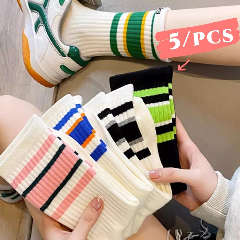 ถุงเท้ากีฬา ผ้าฝ้าย ลายทาง สไตล์เกาหลีใต้ สําหรับผู้ชาย และผู้หญิงcotton socks suitable for men and women striped socks