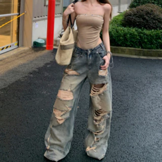GHAOHES กางเกงยีนส์ขาดหญิงสไตร์อเมริกันวินเทจสาวฮอต กางเกงขากว้างหลวมดูผอมสำหรับตัวเล็ก#6637