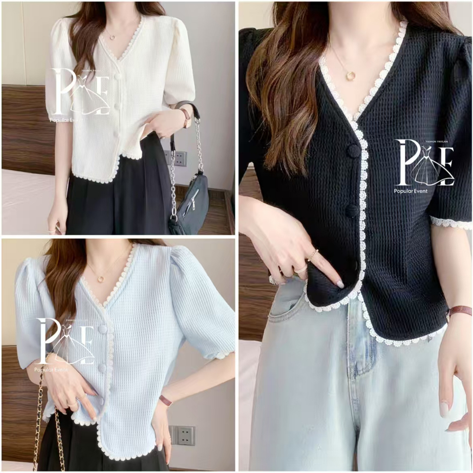 เสื้อคลุมแขนสั้น รุ่นติดกระดุม ทรงคอวี แนวเกาหลี ดีเทลขอบแต่งลูกไม้ เก๋ๆ เนื้อผ้าลินิน ใส่สบาย เข้ากับทุกการแต่งตัว
