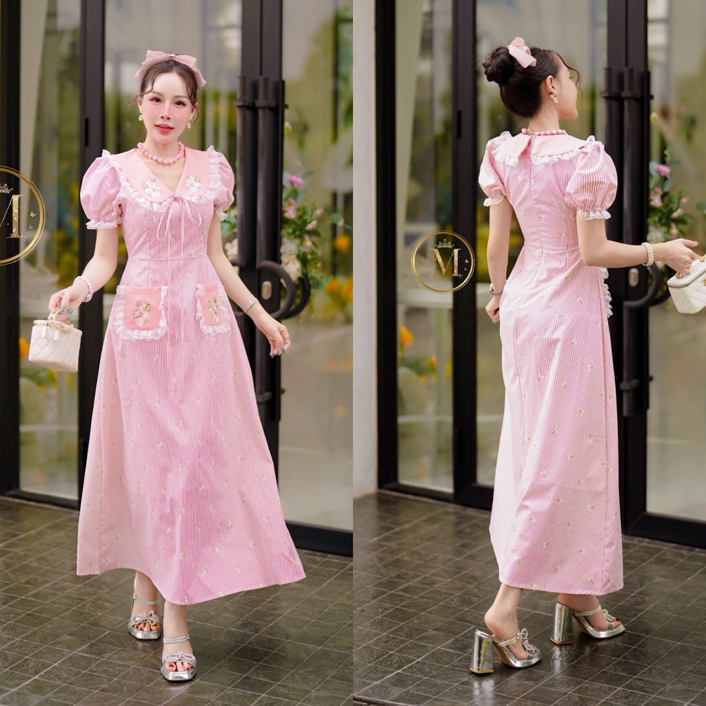 เดรสยาว สีชมพู คอปกปัก สวยน่ารัก ละะมุน งานป้าย macaron