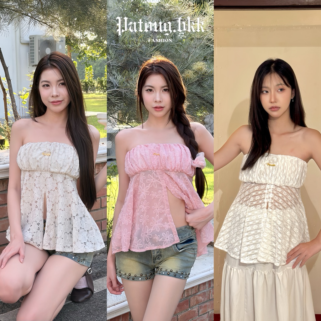 วิเวียน เสื้อเกาะอกลูกไม้ ทรงระบาย ผ้าลูกไม้หรู เซ็กซี่เบา ๆ สไตล์เกาหลี