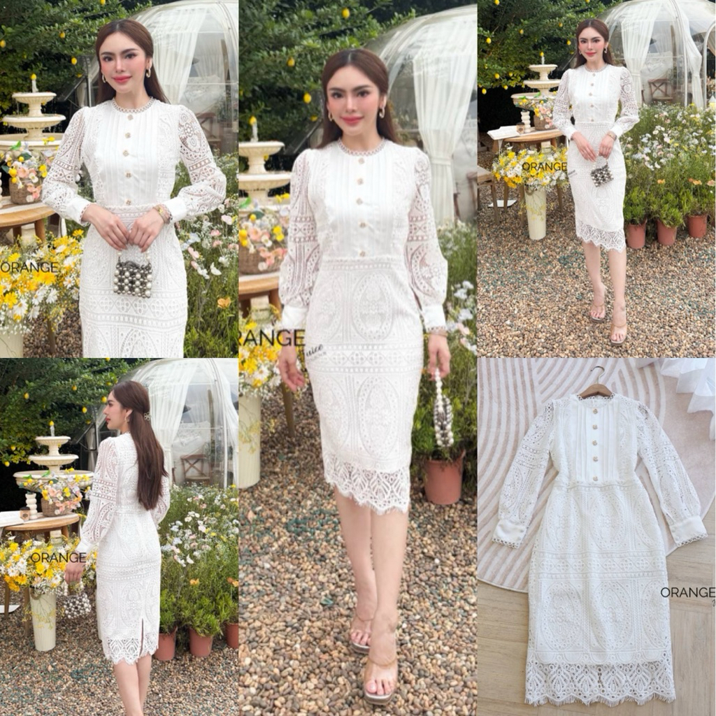🧡พร้อมส่ง S-4XL🧡ป้าย Orange Juice💕เดรสลูกไม้สีขาว แขนยาว สวยเรียบหรู ใส่ได้ทุกโอกาส