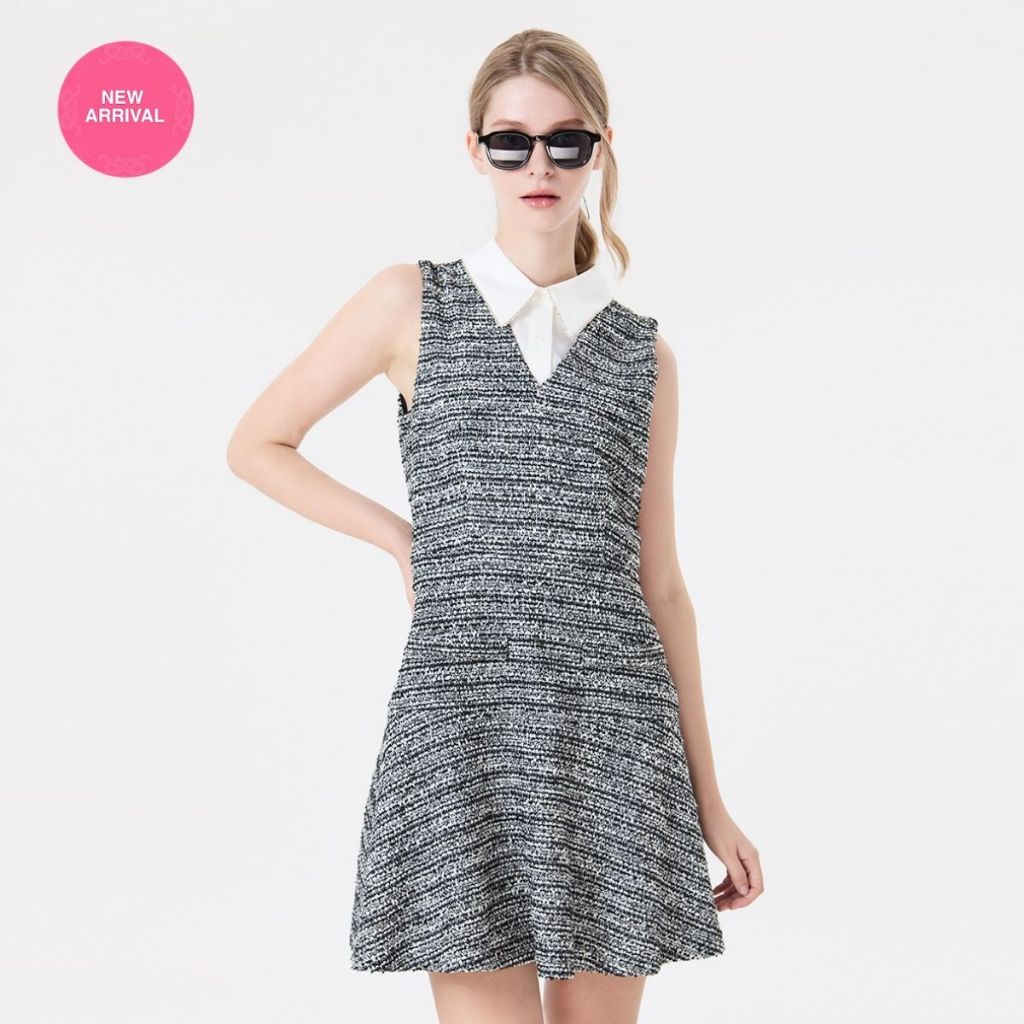 EP ชุดเดรสผ้าทวีต คอปกประดับเพชร ผู้หญิง สีดำ | Diamond Collar Tweed Dress | 05073