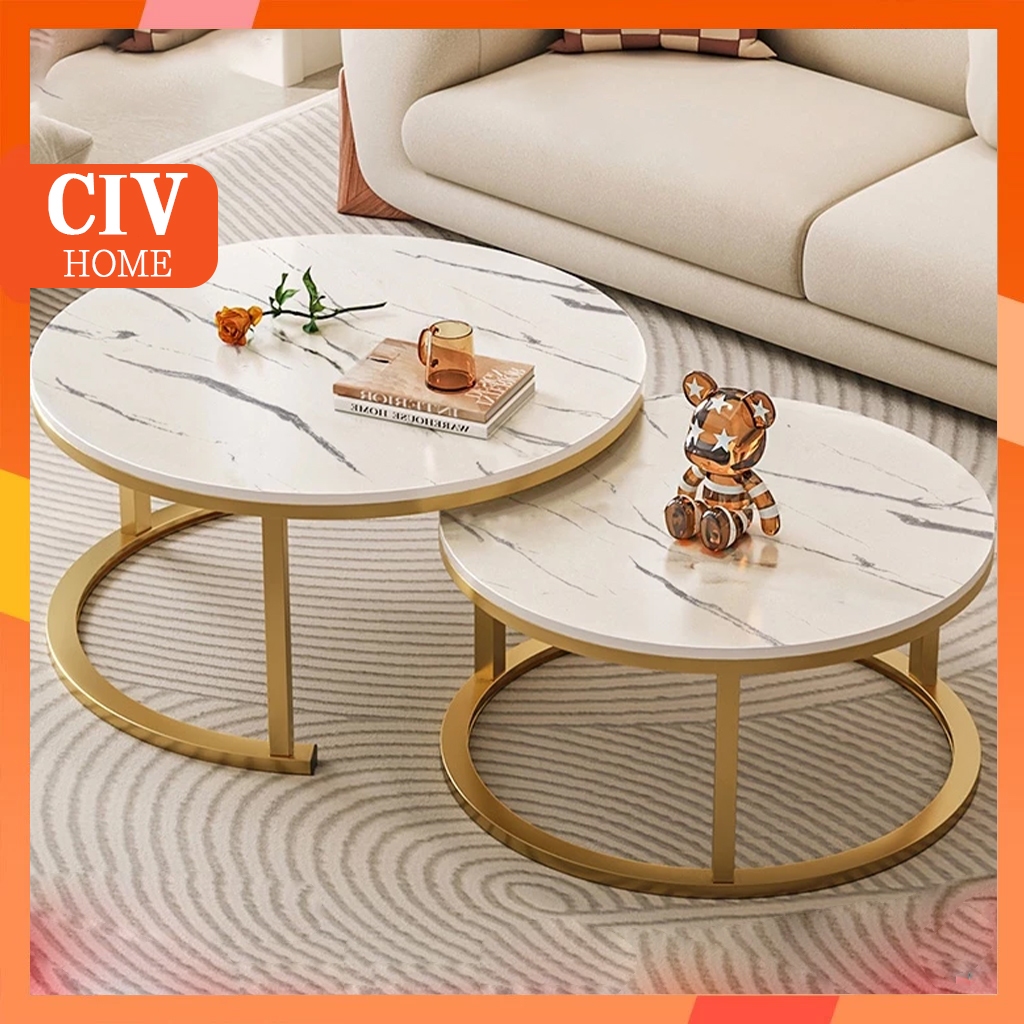 【CIV】โต๊ะ โต๊ะกลม Coffee table โต๊ะกาแฟ ลายหินอ่อน สีดำ + สีขาว 50+70CM 2โต๊ะ
