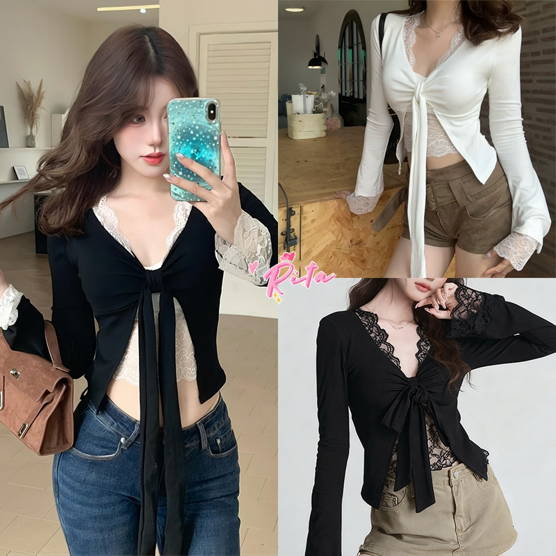 Rita พร้อมส่ง🍒เสื้อลูกไม้สองชั้นติดกัน แขนยาว เสื้อยืด คอวี ทรงเข้ารูป มีเชื่อกผูกโปว์ได้ หรูเริ่ด เเซ็กซี่แฟชั่น