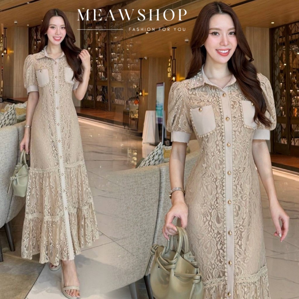 S-XL เดรสยาวผ้าลูกไม้ทั้งชุด คอปกตกแต่งคริสตัลเพชร ชุดไปทะเล ชุดไปคาเฟ่ ชุดทำงานผู้หญิง ชุดออกงาน ชุ