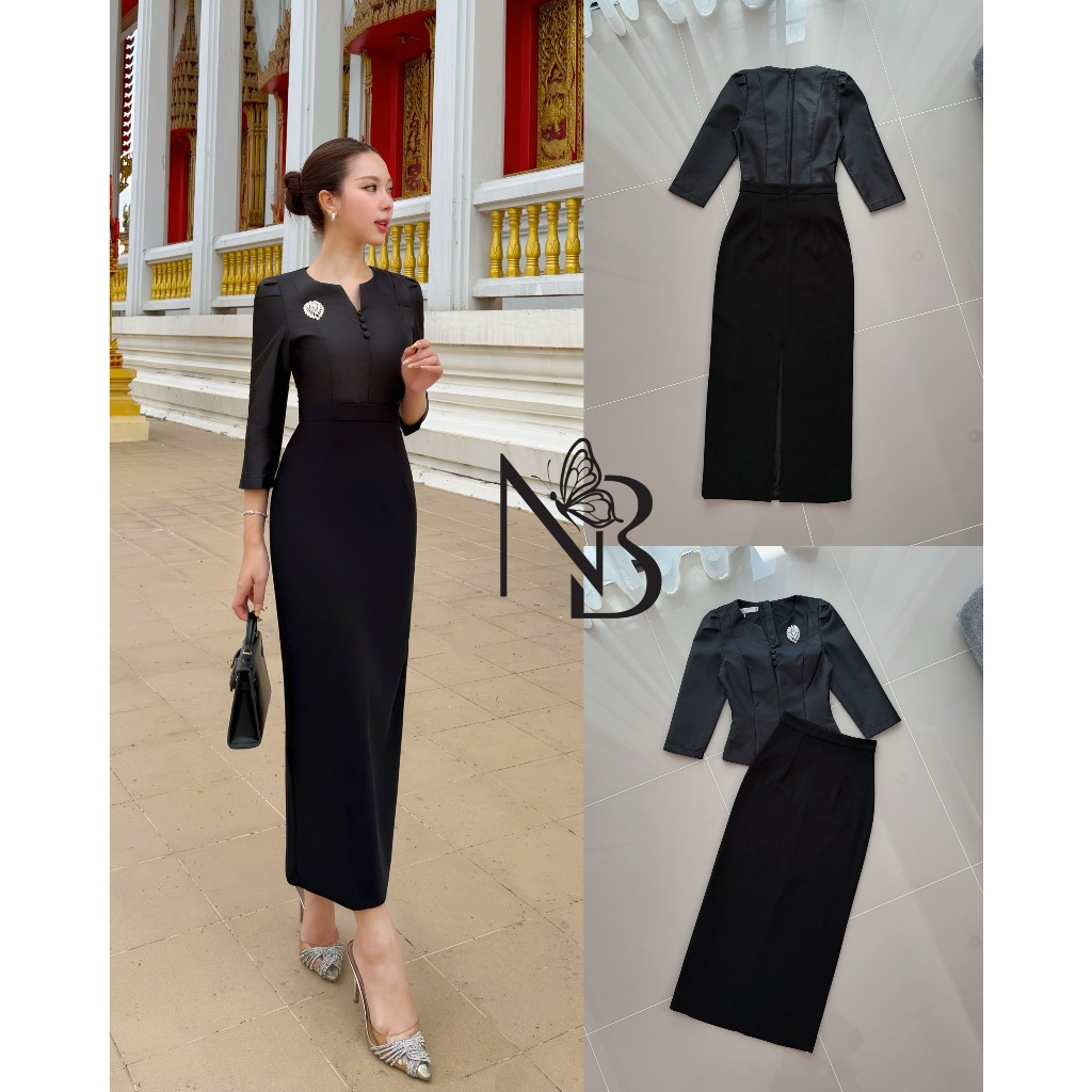 ❣️พร้อมส่ง📌 LALADA ชุดไทยสีขาว เสื้อแขนยาว กระโปรงสำเร็จลายไทย งานบุญ งานบวช แฟนนาค PS.CLOSET