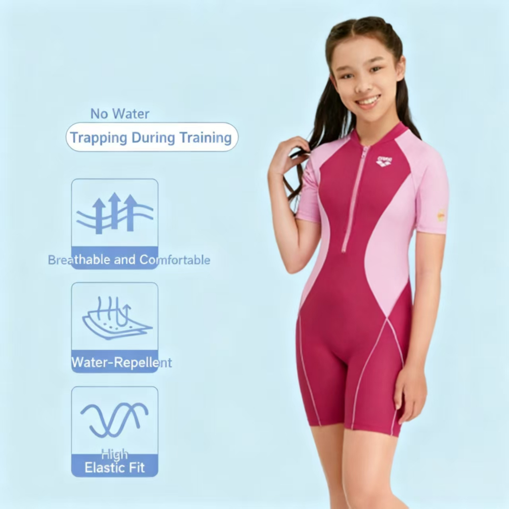 ดีไซน์สำหรับเด็กผู้หญิง ชุดว่ายน้ำเด็กชาย สนามเด็ก ชิ้นเดียว arena ชุดว่ายน้ำแขนสั้นแบบแร็กแลน ป้องก