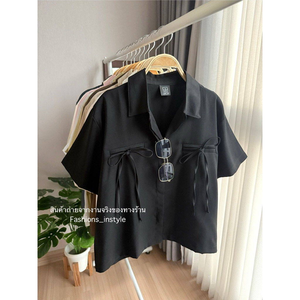 [อก 44] เสื้อเชิ้ตผ้าคอตตอนผสมผูกโบว์กระเป๋าคู่ (JC8)
