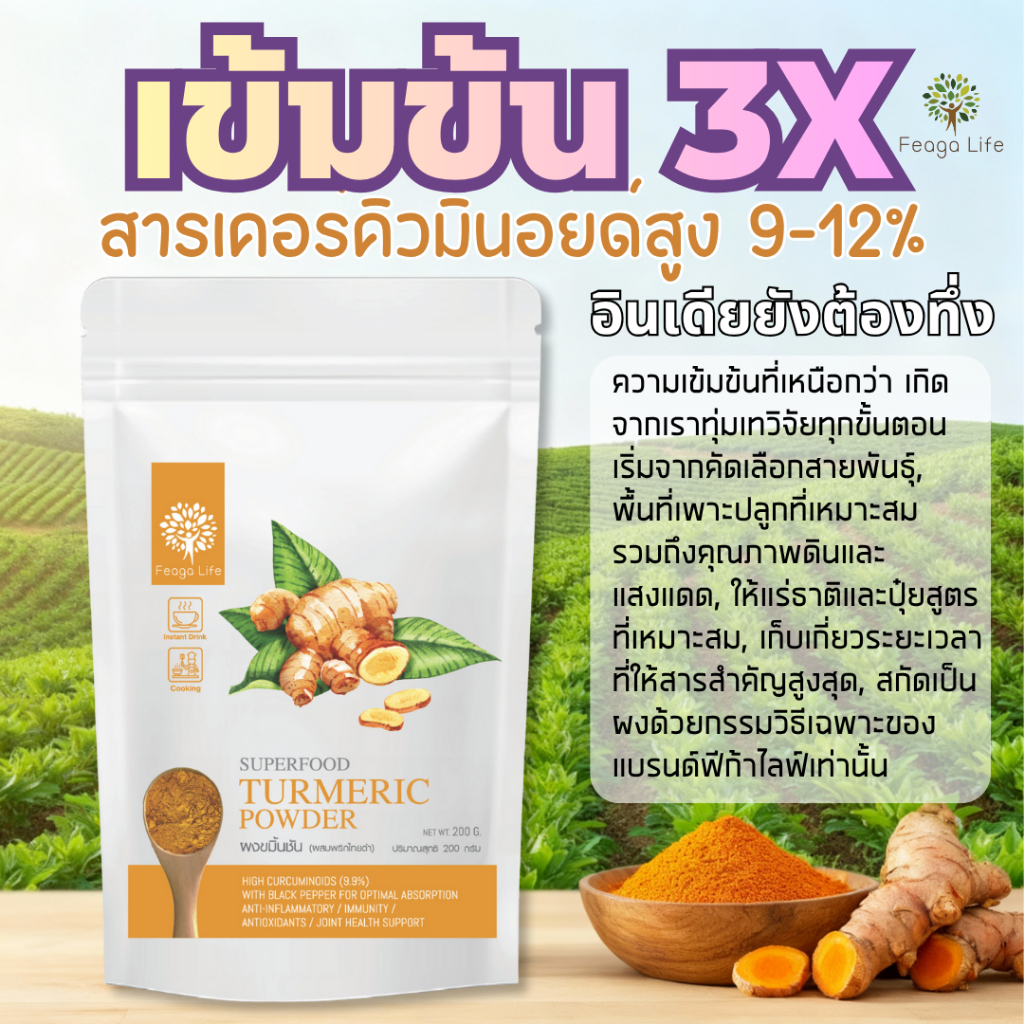 ผงขมิ้นชัน เคอร์คิวมินอยด์ 9% ผสมพริกไทยดำ Feaga Life Turmeric Powder  200 กรัม