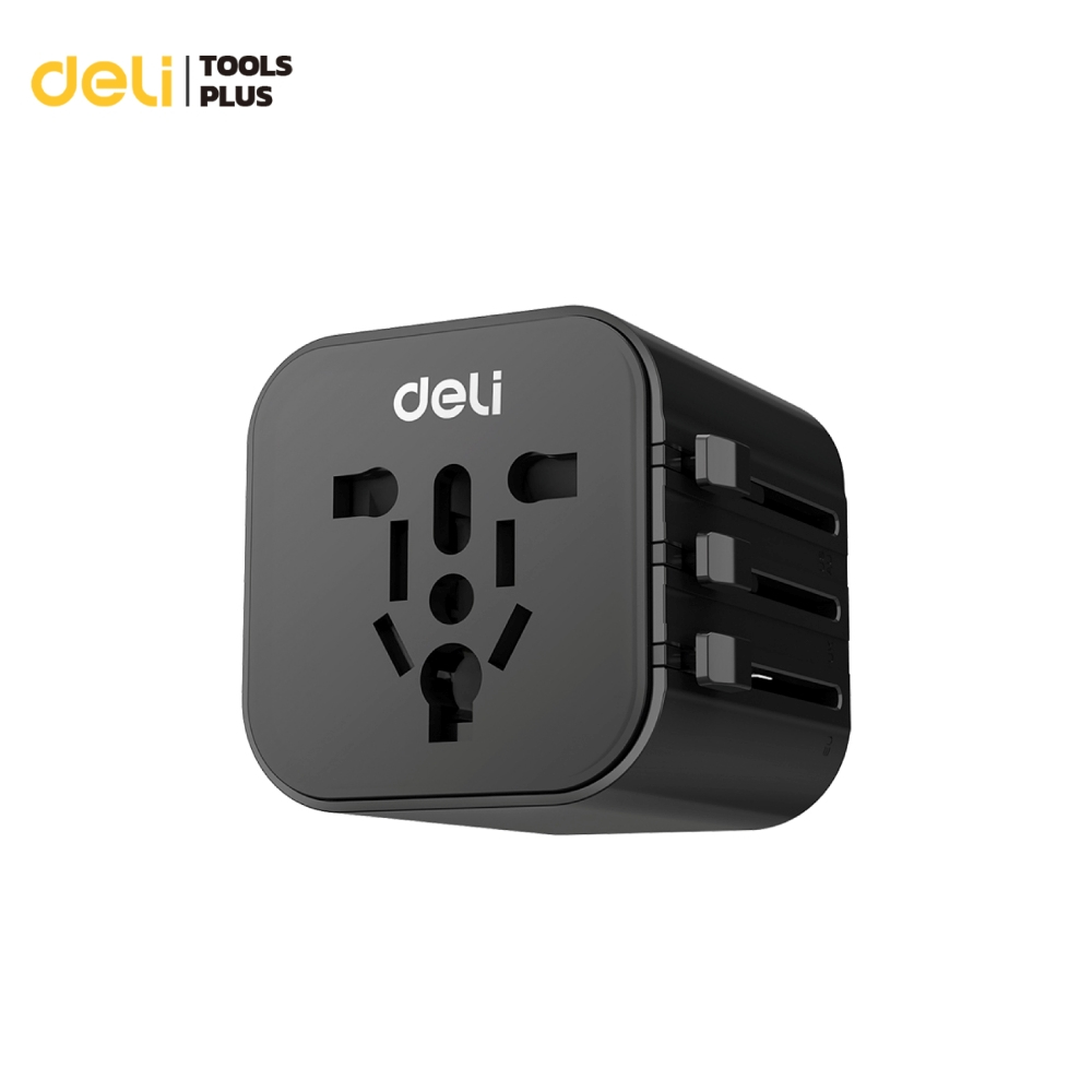 Deli ปลั๊กแปลง อแดปเตอร์แปลงไฟ ใช้ต่างประเทศ พกพาง่าย USB A+C ชาร์จเร็ว70w Universal Travel Adapter