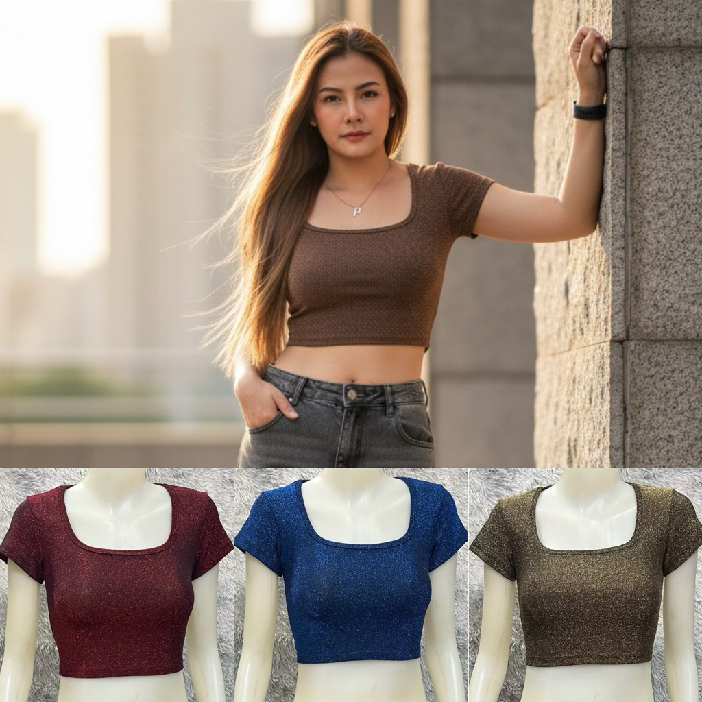 Sns95🫅🏻เสื้อครอปเอวลอย🫅🏻คอยูแขนสั้น🫅🏻ผ้าshine