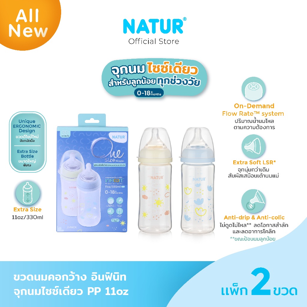 [NEW] NATUR เนเจอร์ INFINIT ขวดนมอินฟินิท ขวดนมเด็ก ขวดนม PP 11oz แพ็ก 2
