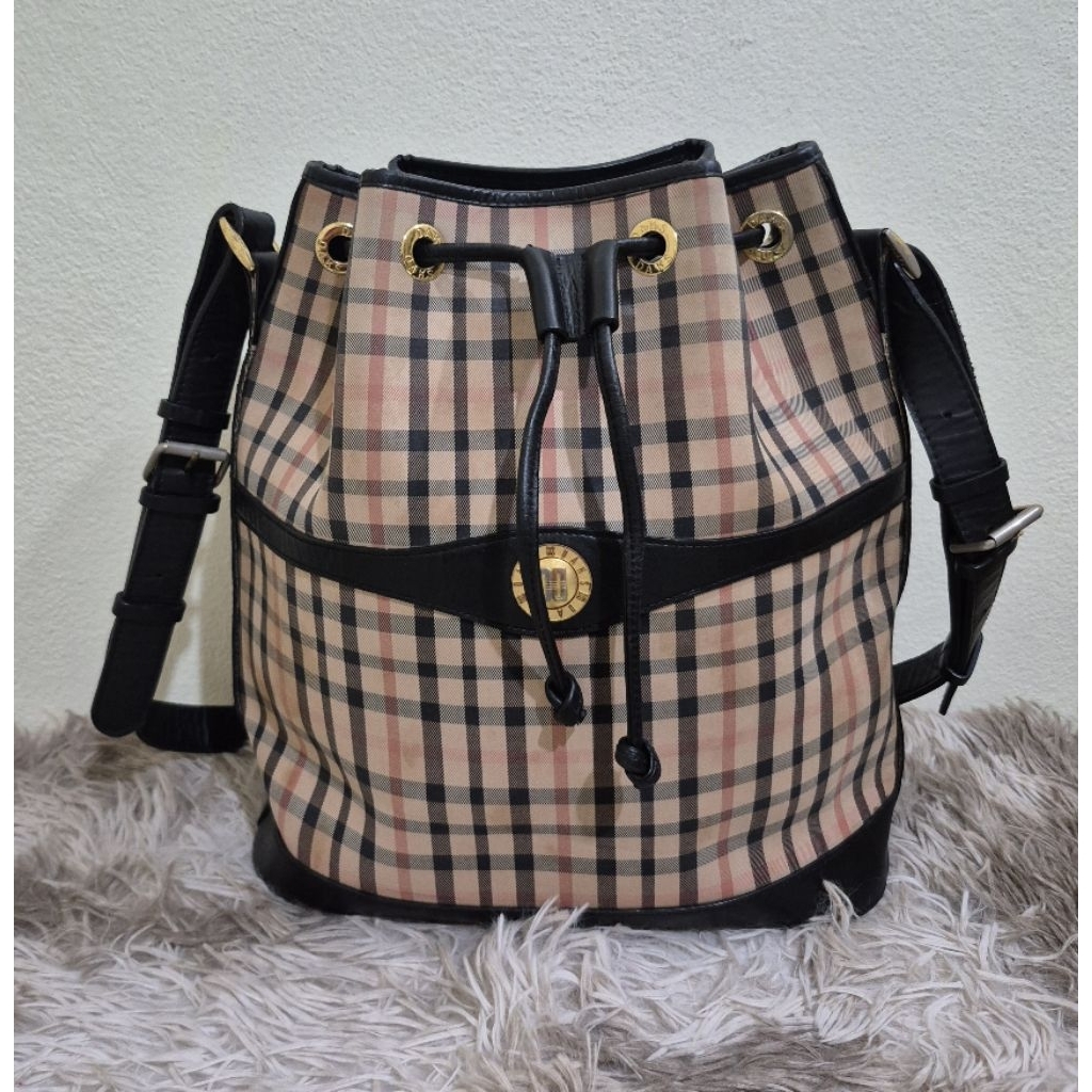 กระเป๋าสะพายไหล่ ทรงขนมจีบใหญ่ Daks London (สีโทนชมพู-ดำลายสก็อต)มือสองsize11