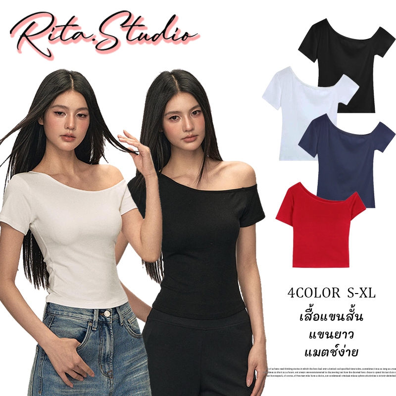 Rita พร้อมส่ง🍒เสื้อยืดผู้หญิง🍒คอไม่สมมาตร ครอป แขนสั้น เสื้อแขนสั้นปาดไหล่ข้างเดี่ยว สีพื้น แมทช์ง่าย ต้องมี แมตช์ง่าย