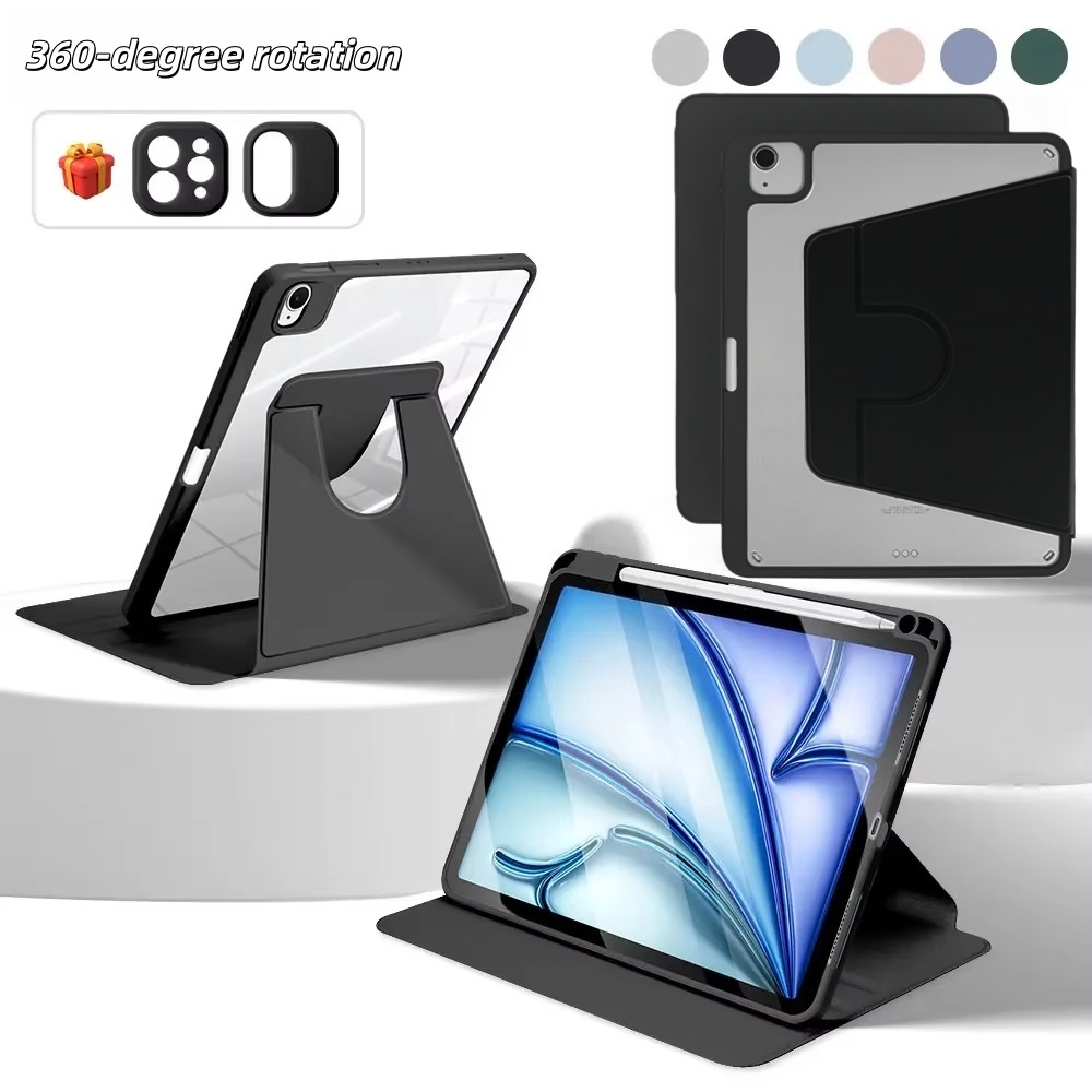 เคสไอแพด Air8/Air5 Pro11 2025 gen11 A16 gen7/gen8/gen9 Air3 Air6 360°หมุนตั้ง/นอนได้ เคสหนังอะคริลิคใส พร้อมถาดใส่ปากกา