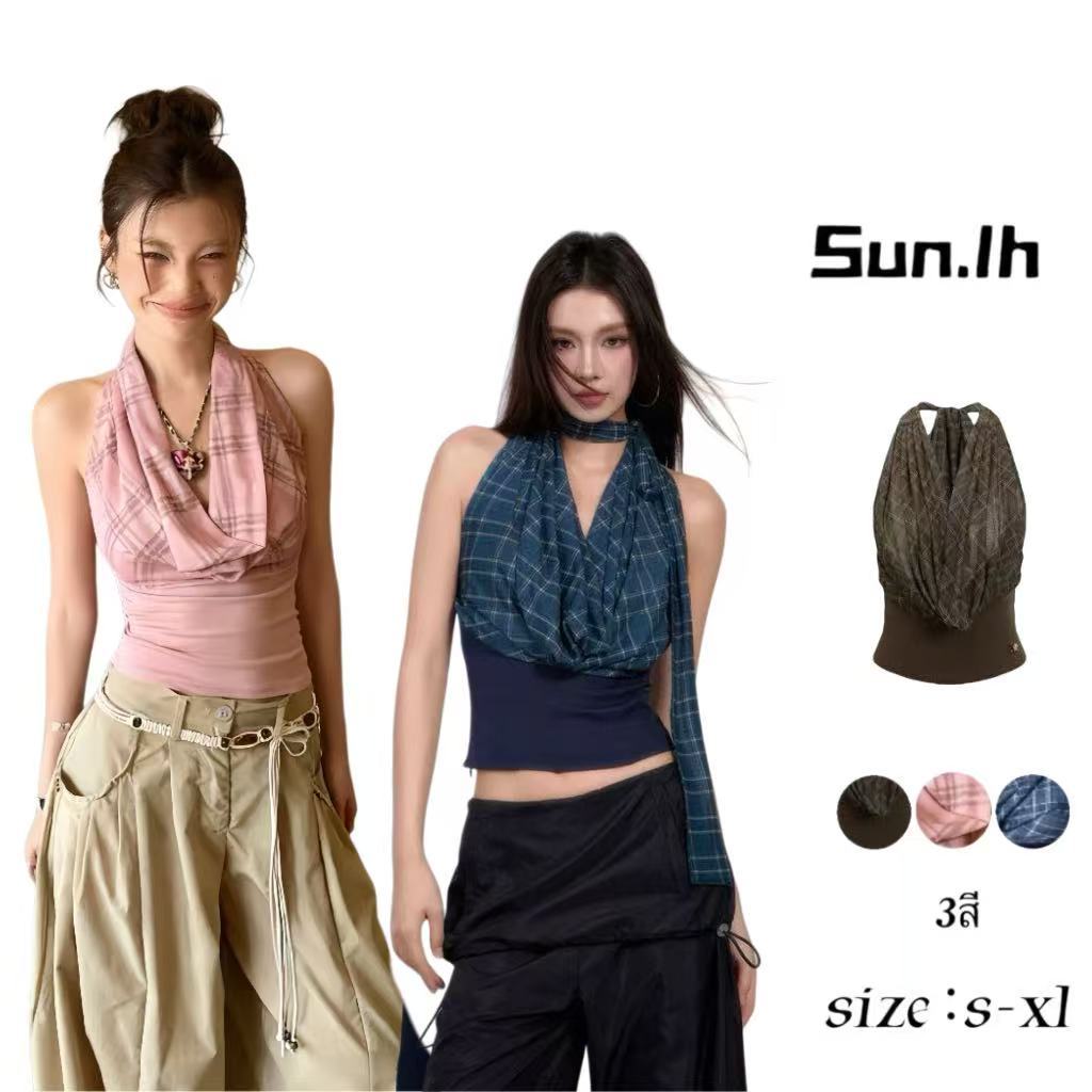 SUN🛍️มีในสต็อก🛍️เสื้อกล้ามลายสก็อตไม่มีแขน 2026 สไตล์เกาหลี เซ็กซี่ เหมาะสำหรับออกเดทและพักผ่อน