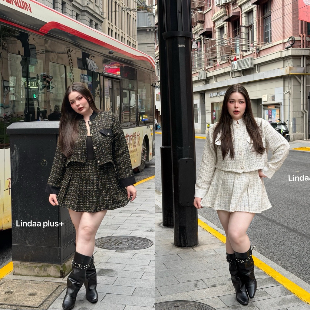 Chubby Supi - (พรีออเดอร์15วัน) ชุดเซ็ตผ้าทวิต ไซส์ใหญ่ เสื้อครอป+กระโปรงจีบ (lin)