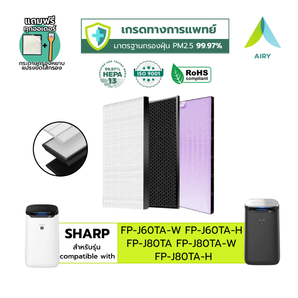 AIRY ไส้กรอง  SHARP FZ-J80HFE 3IN1 กรองฝุ่น PM2.5 กลิ่น ไวรัส  FP-J80TA FP-J60TA เกรดแพทย์ HEPA H13