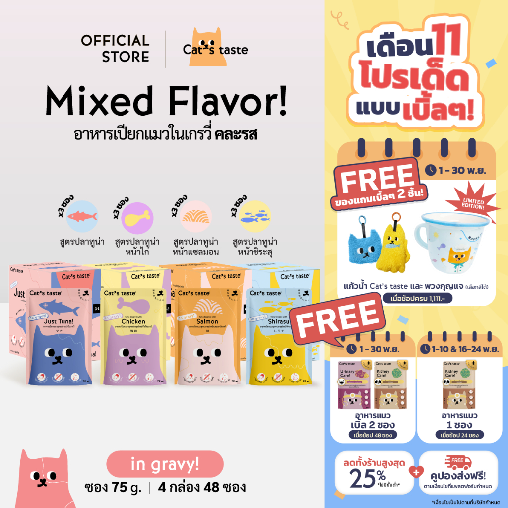 Cat's Taste อาหารเปียกแมว ทูน่าในน้ำเกรวี่ คละรส ไม่เติมโซเดียม  ขนาด 75 กรัม ยกลัง 48 ซอง
