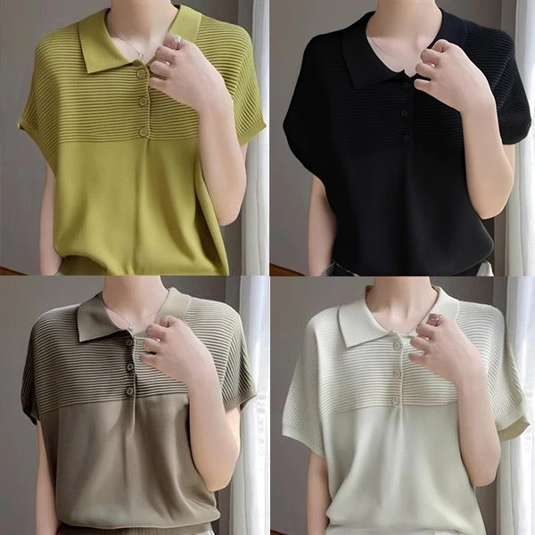 mimi&didi#เสื้อสวมหัวไหมพรมคอโปโลแขนสั้นสีดำสำหรับผู้หญิงทำจากผ้านุ่มและยืดดีไซน์ทรงสลิมฟิตมีให้เลือกหลายสี#88015