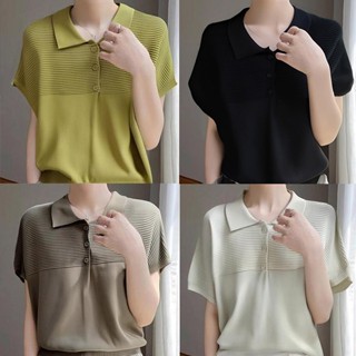 mimi&didi#เสื้อสวมหัวไหมพรมคอโปโลแขนสั้นสีดำสำหรับผู้หญิงทำจ…