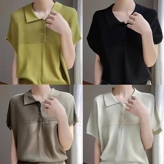 mimi&didi#เสื้อสวมหัวไหมพรมคอโปโลแขนสั้นสีดำสำหรับผู้หญิงทำจากผ้านุ่มและยืดดีไซน์ทรงสลิมฟิตมีให้เลือกหลายสี#88015