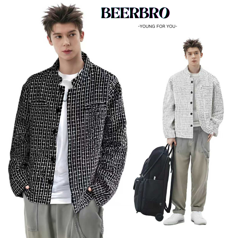 beerbroth-เสื้อสูทลายสก๊อต มีซับ เบลเซอร์ สีดำ สีขาว สไตล์เกาหลี กันหนาว ทำงาน เที่ยว  แฟชั่นฤดูใบไม